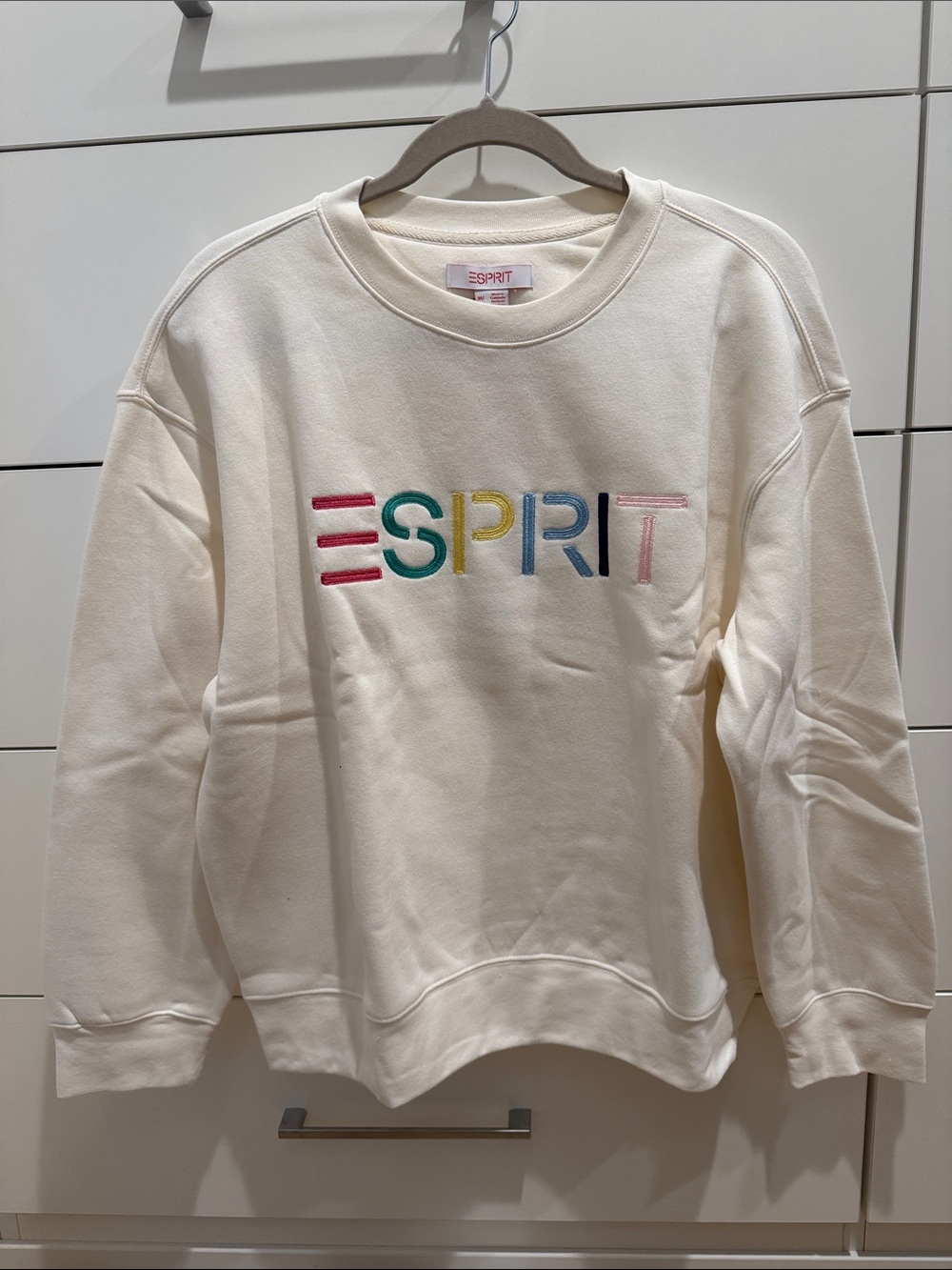 Esprit Off-White Crewneck with Multicolor Embroidered Logo